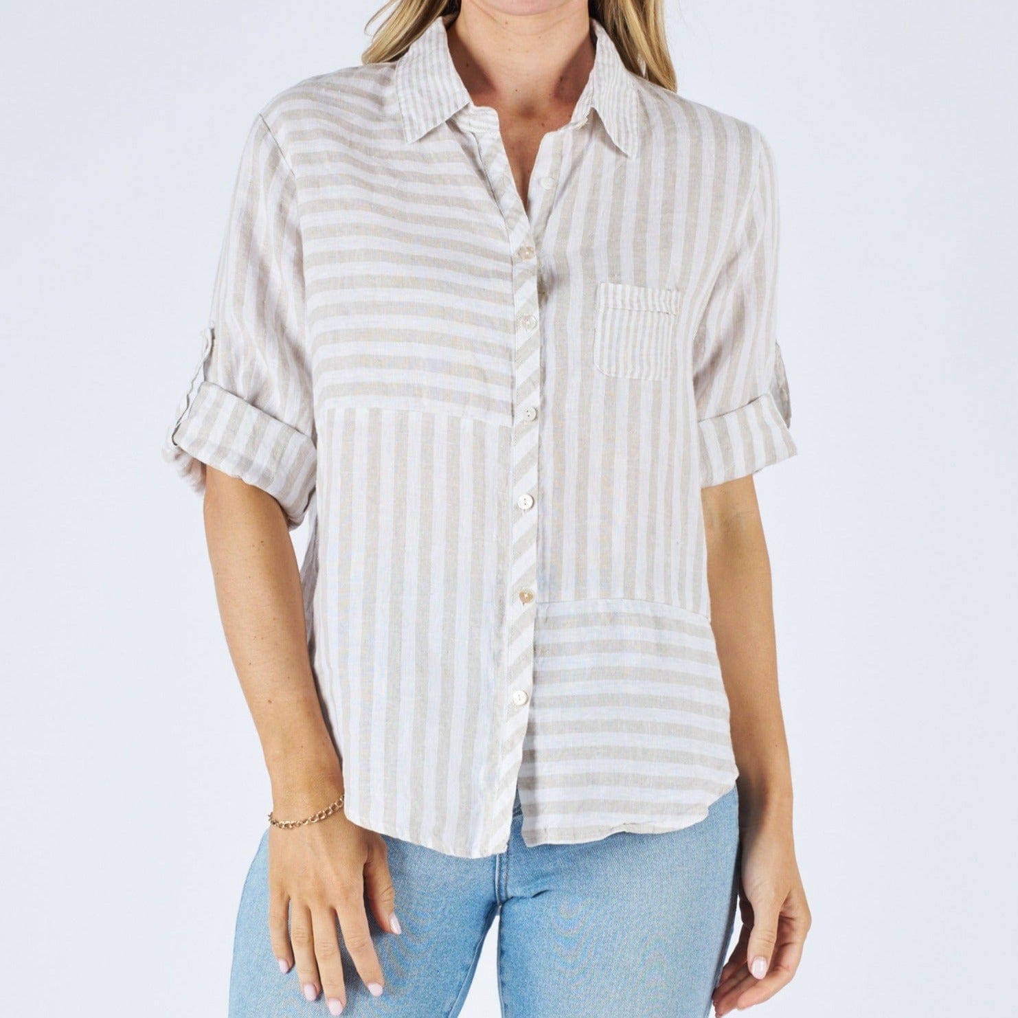 Worthier Hyatt Striped Linen Shirt | Beige